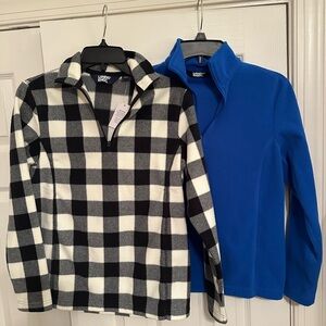 (2) Lands' End Checkered NWT Black & White and used Solid Blue Fleece Pullovers